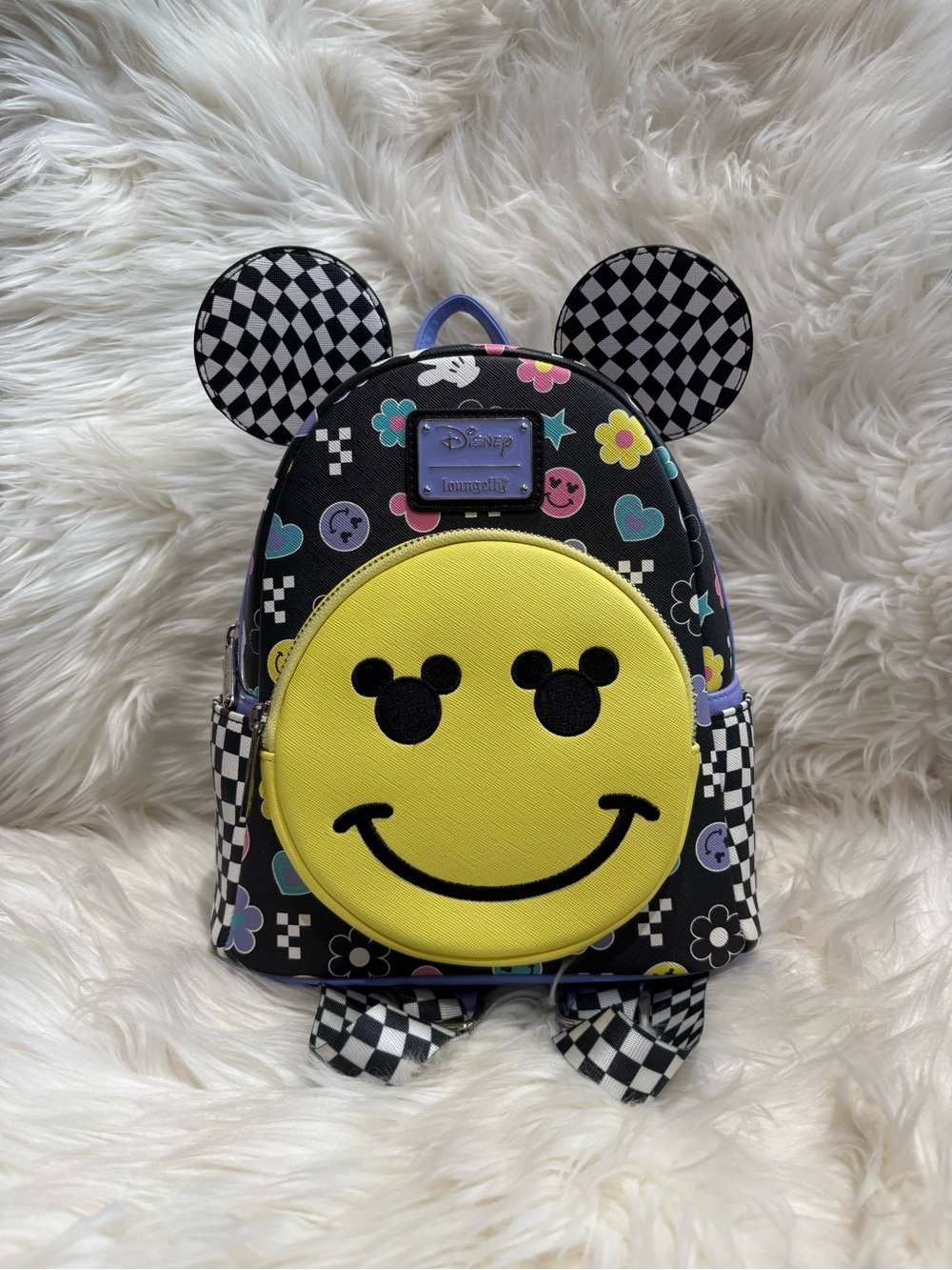 Loungefly Mickey Mouse Y2K Checkered Mini Backpack With Smiley Face Front